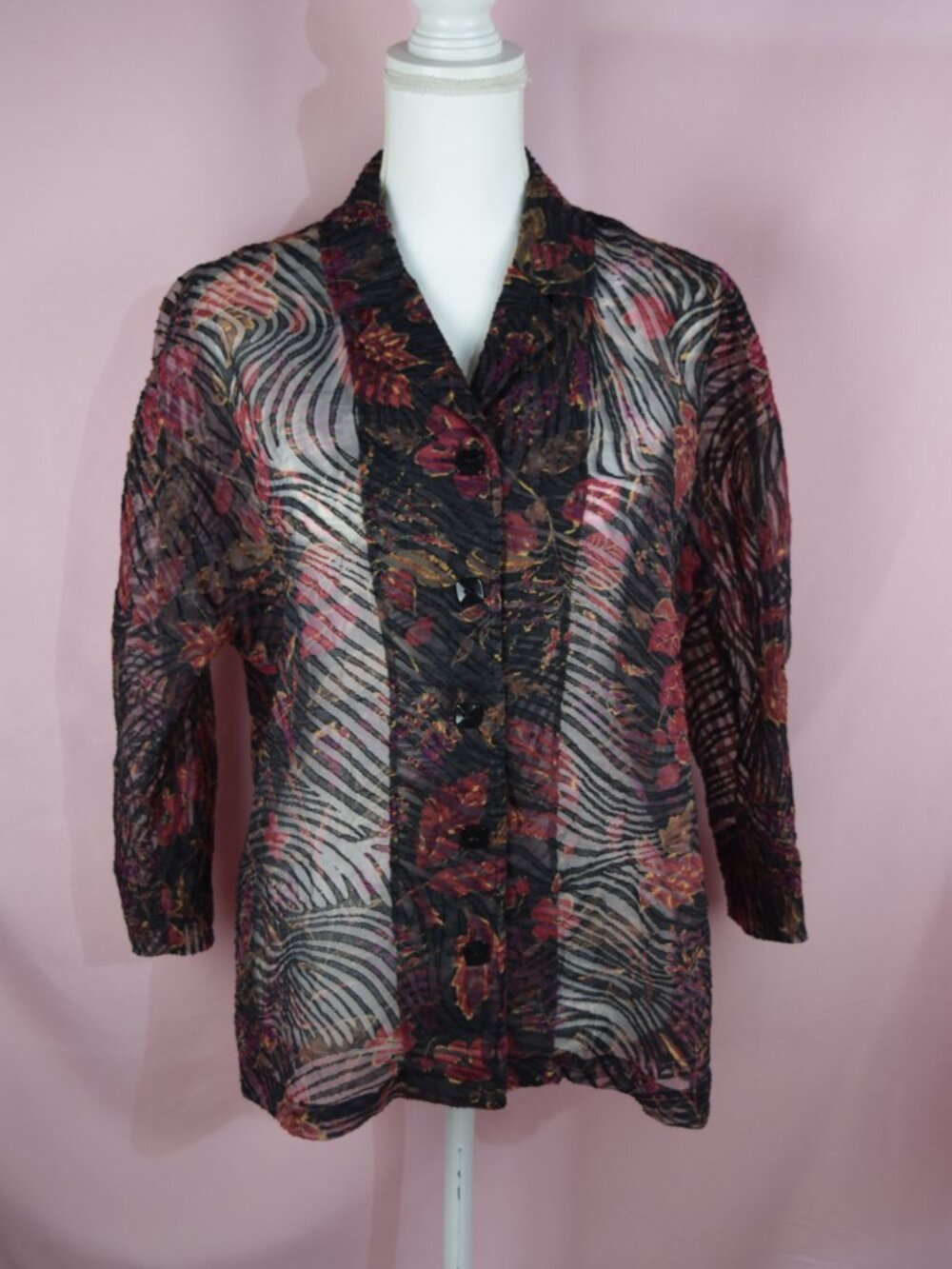 Coldwater Creek Sheer Floral Zebra Print 3/4 Sleeve Blouse | Size M